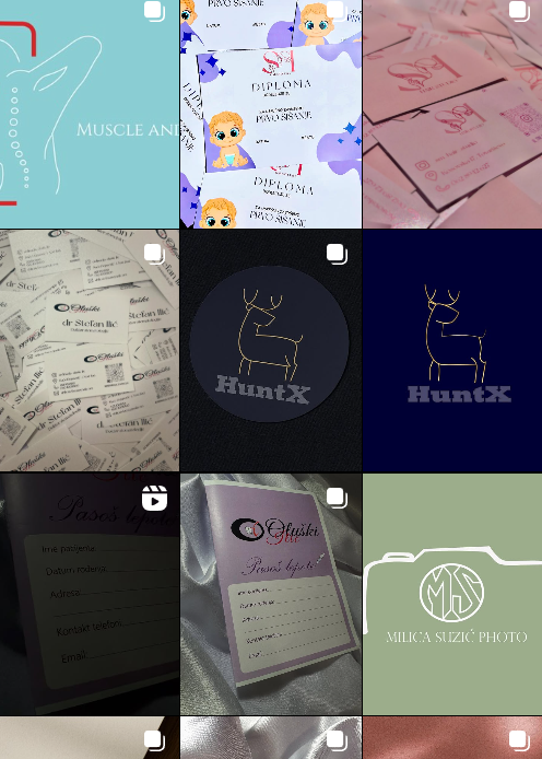 Pregled radova sa Instagram profila Duca Dizajn — kolaž logotipa, vizit karti i grafika